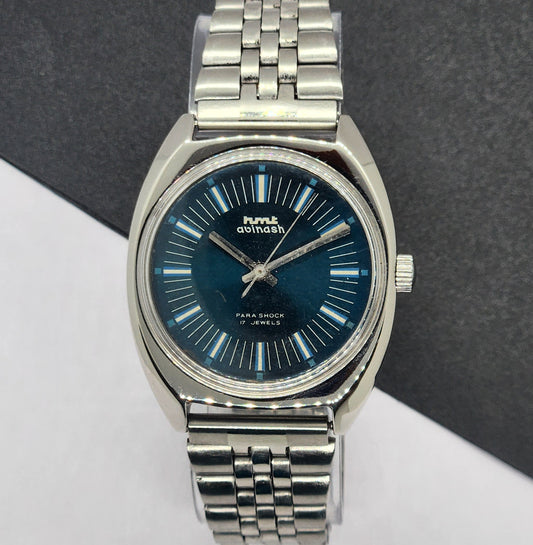Vintage Original HMT Avinash Hand Winding 17 Jewels Blue Face Silver Band Men's Wrist Watch F05