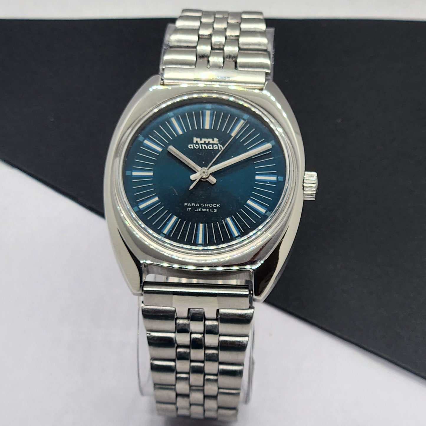 Vintage Original HMT Avinash Hand Winding 17 Jewels Blue Face Silver Band Men's Wrist Watch F05