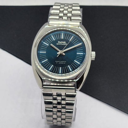 Vintage Original HMT Avinash Hand Winding 17 Jewels Blue Face Silver Band Men's Wrist Watch F05