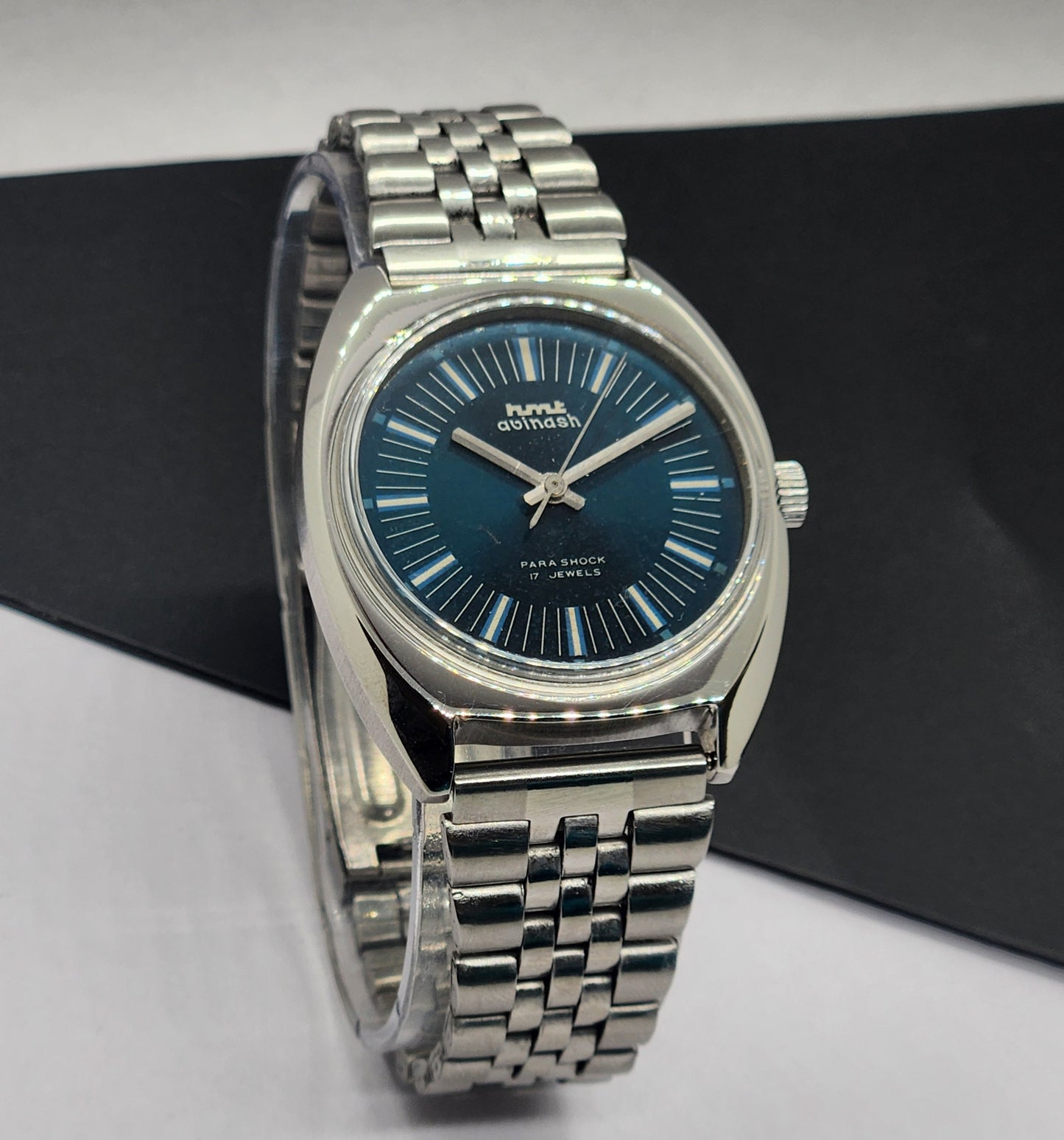 Vintage Original HMT Avinash Hand Winding 17 Jewels Blue Face Silver Band Men's Wrist Watch F05
