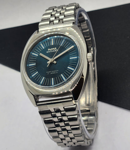 Vintage Original HMT Avinash Hand Winding 17 Jewels Blue Face Silver Band Men's Wrist Watch F05