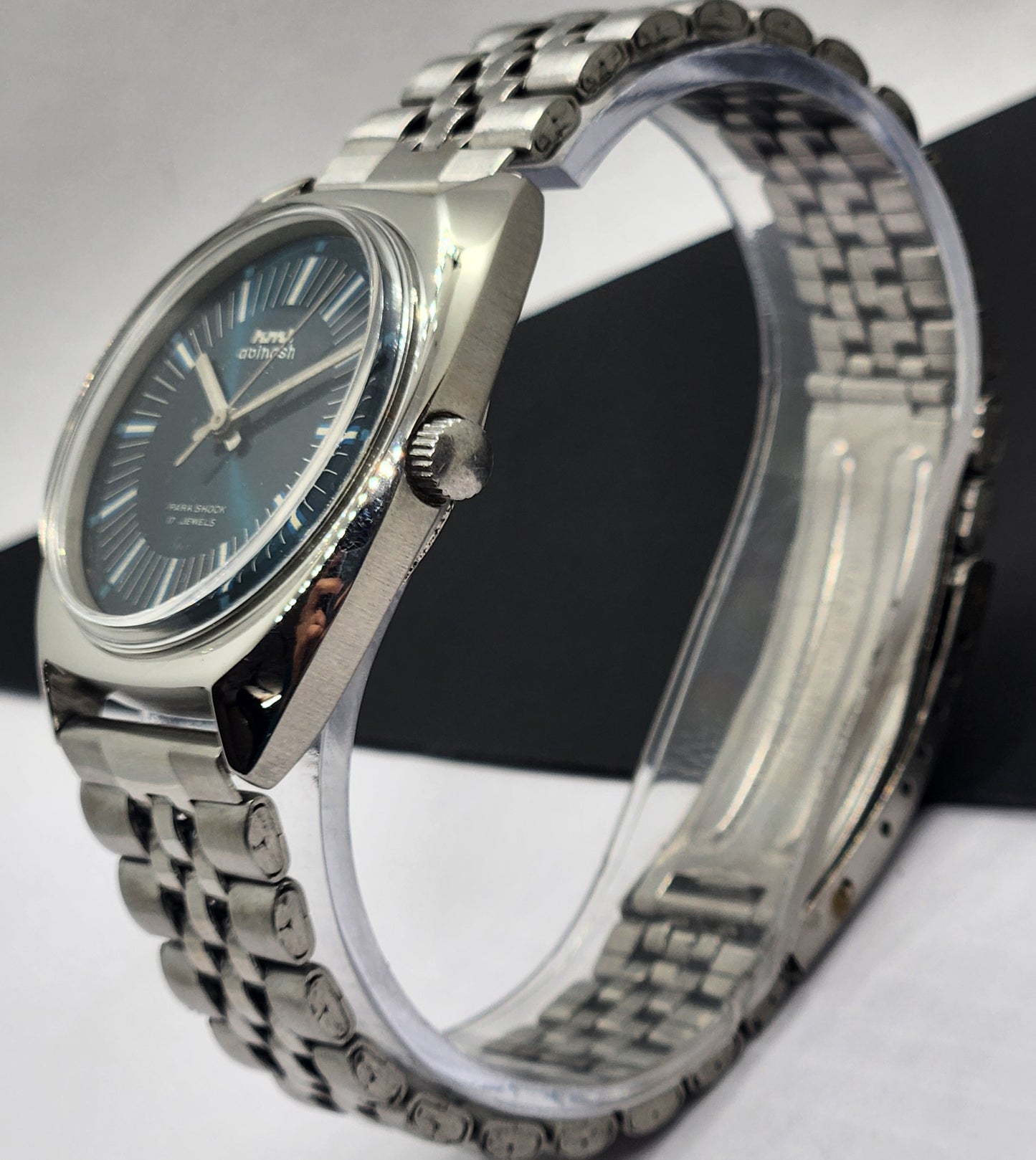 Vintage Original HMT Avinash Hand Winding 17 Jewels Blue Face Silver Band Men's Wrist Watch F05