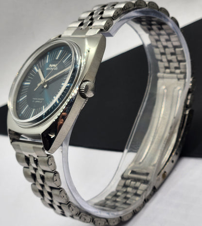 Vintage Original HMT Avinash Hand Winding 17 Jewels Blue Face Silver Band Men's Wrist Watch F05