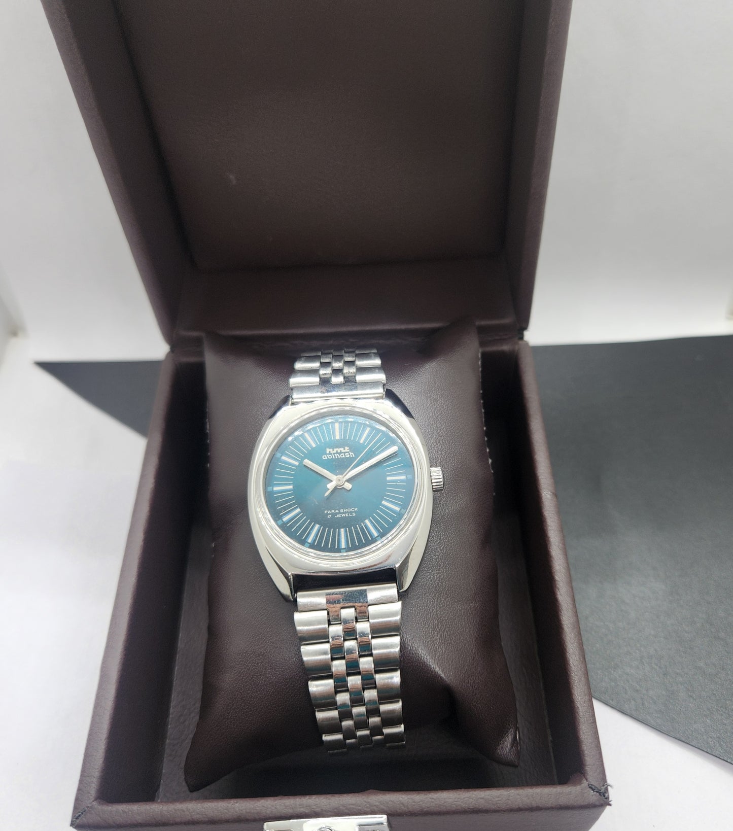 Vintage Original HMT Avinash Hand Winding 17 Jewels Blue Face Silver Band Men's Wrist Watch F05