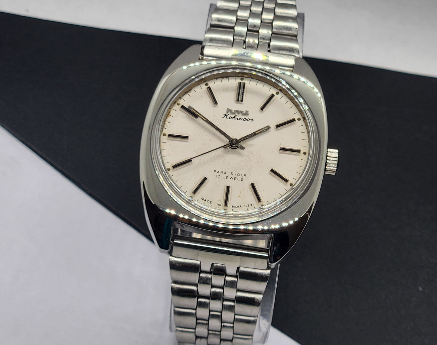 Vintage Original HMT Kohinoor Hand Winding 17 Jewels White Face Silver Bracelet Men's Wrist Watch F08