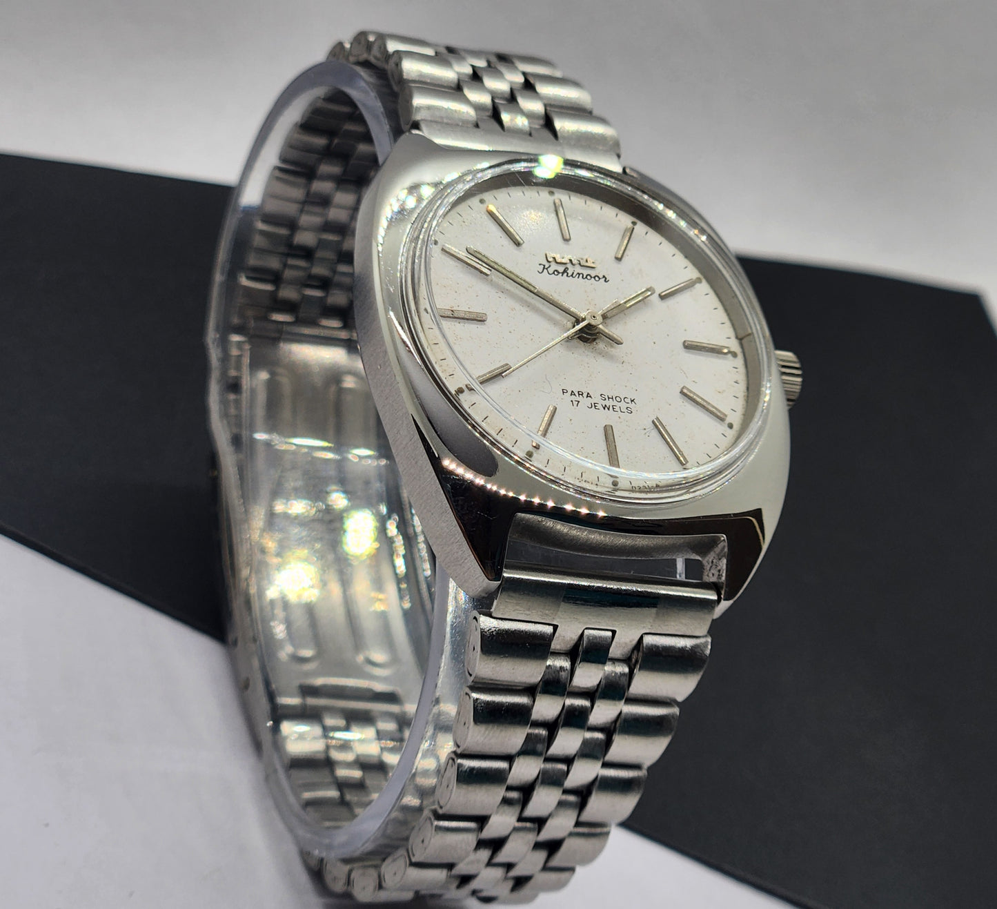 Vintage Original HMT Kohinoor Hand Winding 17 Jewels White Face Silver Bracelet Men's Wrist Watch F09