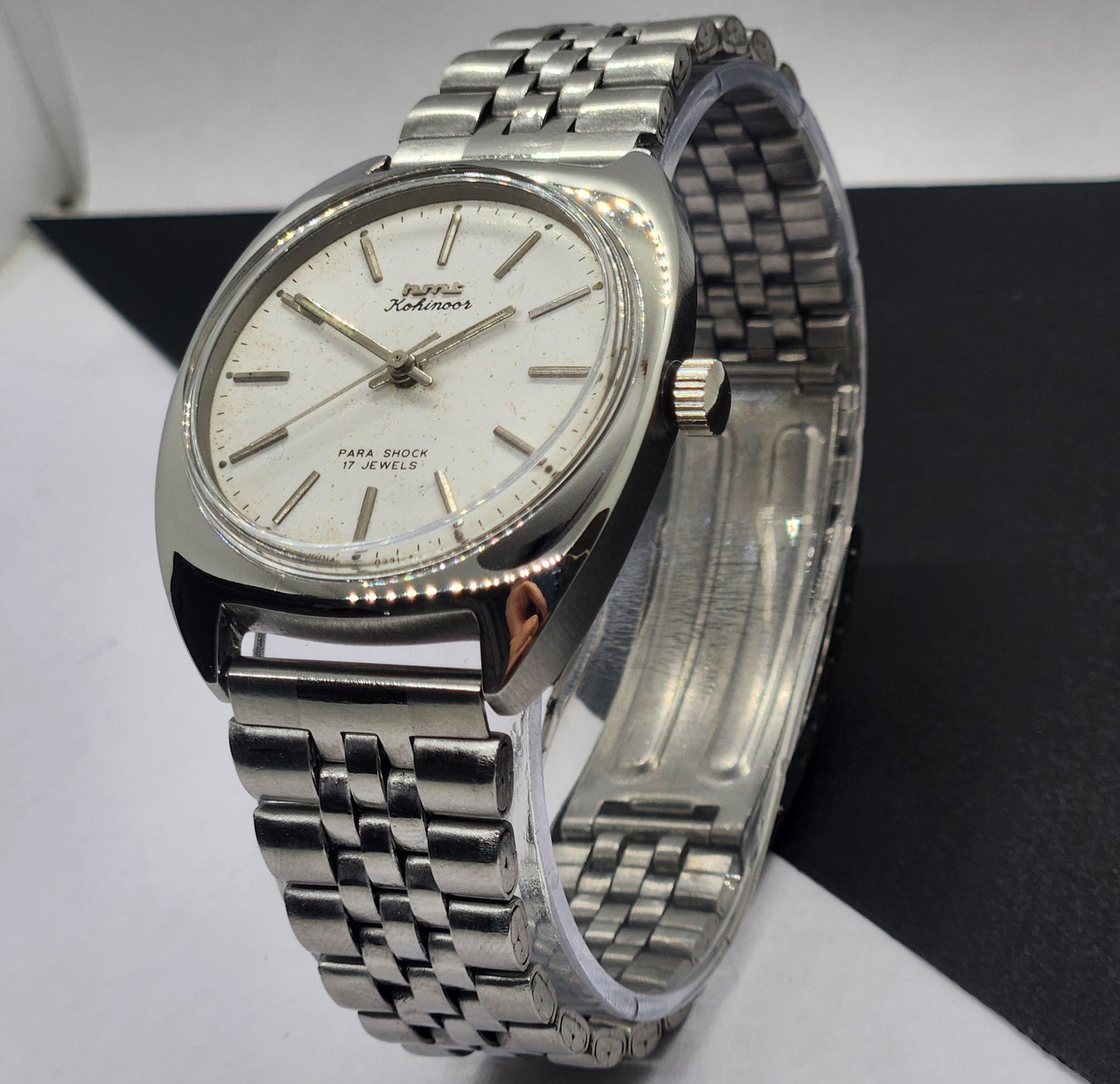 Vintage Original HMT Kohinoor Hand Winding 17 Jewels White Face Silver Bracelet Men's Wrist Watch F09