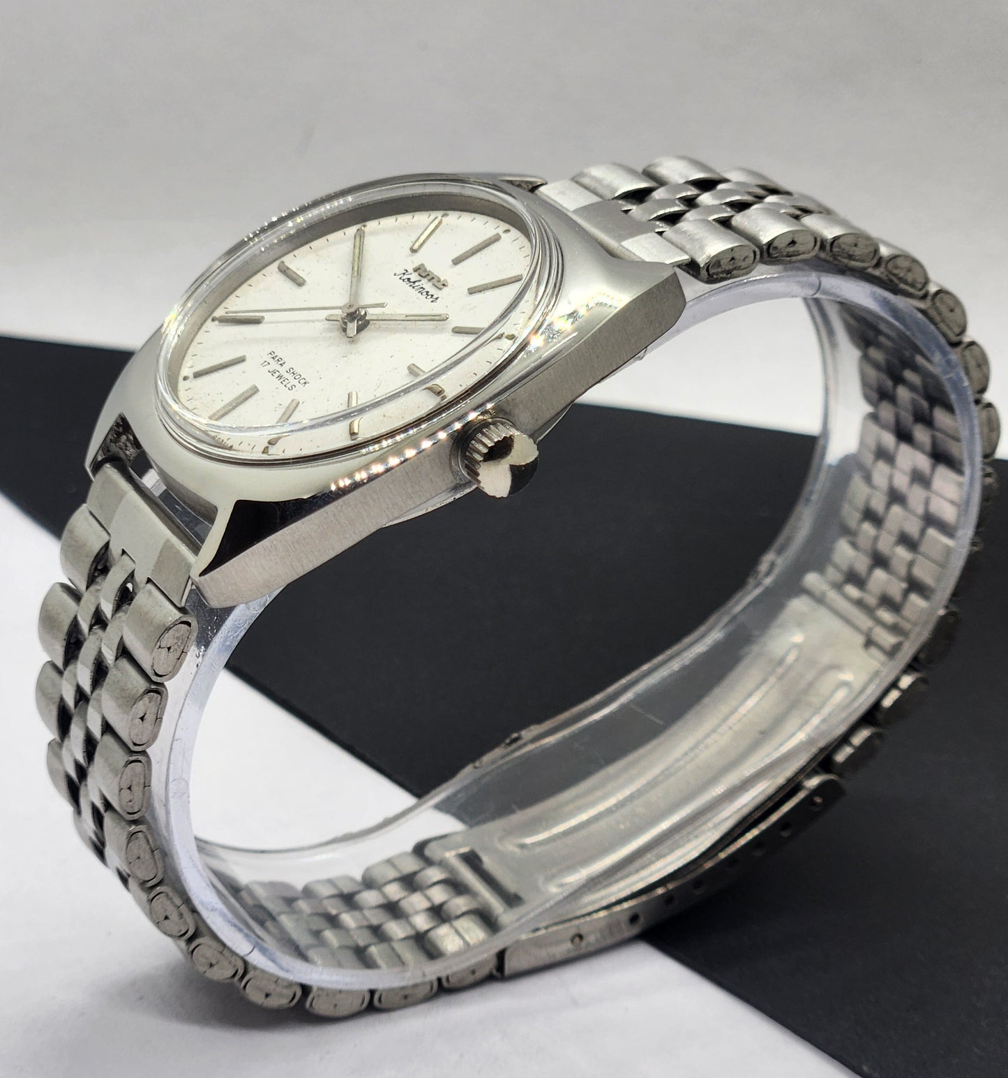 Vintage Original HMT Kohinoor Hand Winding 17 Jewels White Face Silver Bracelet Men's Wrist Watch F09