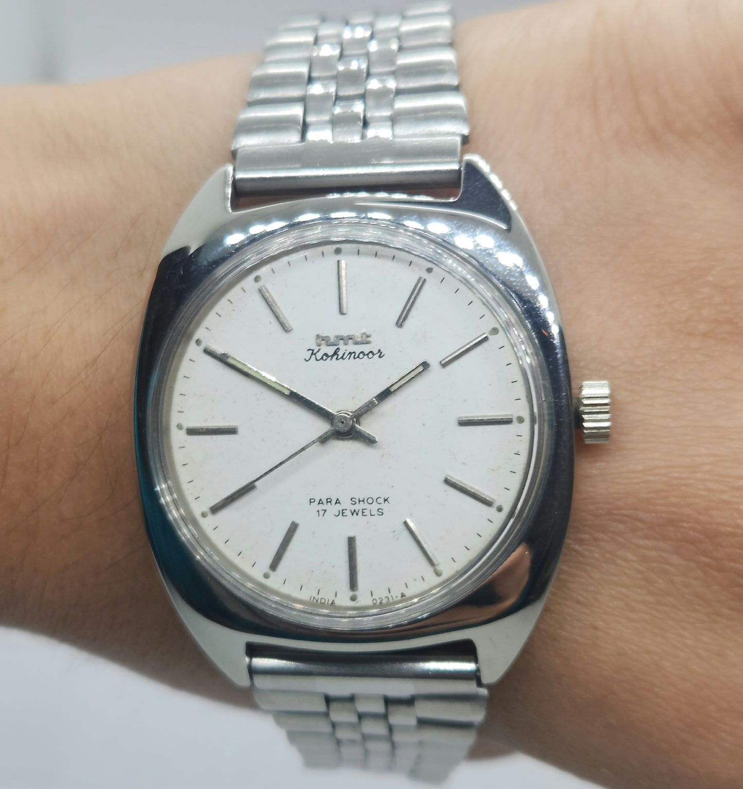 Vintage Original HMT Kohinoor Hand Winding 17 Jewels White Face Silver Bracelet Men's Wrist Watch F09