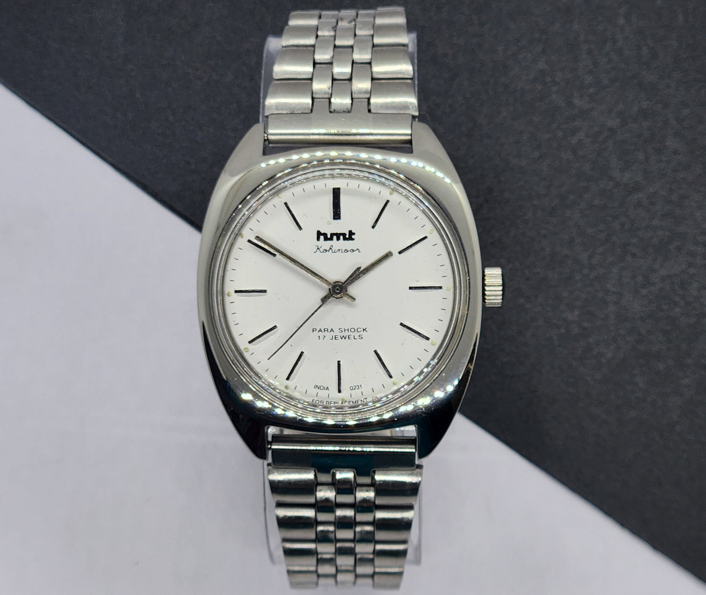 Vintage Original HMT Kohinoor Hand Winding 17 Jewels White Face Silver Bracelet Men's Wrist Watch F10