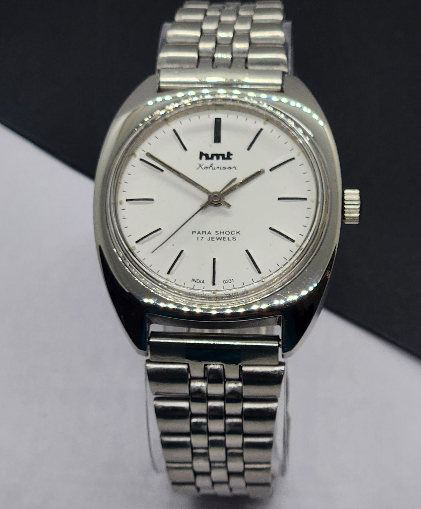 Vintage Original HMT Kohinoor Hand Winding 17 Jewels White Face Silver Bracelet Men's Wrist Watch F10