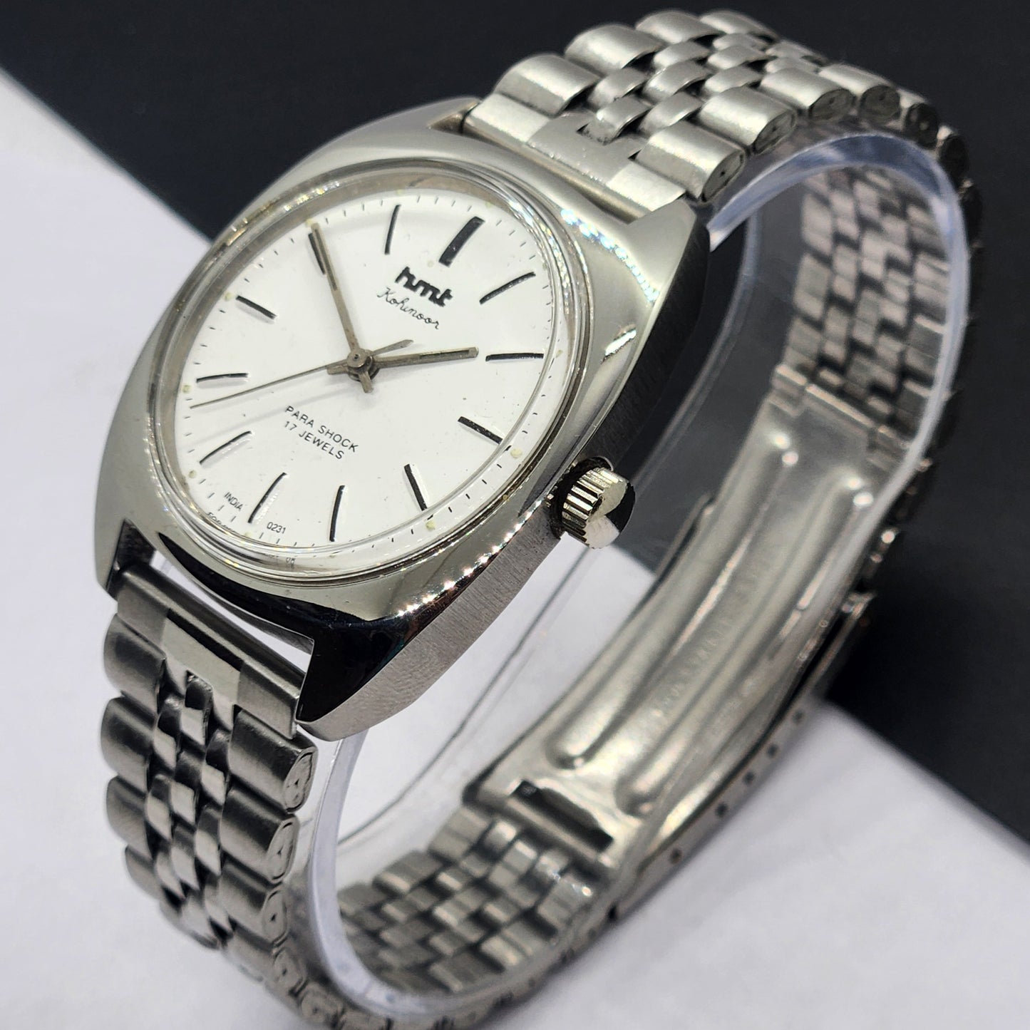 Vintage Original HMT Kohinoor Hand Winding 17 Jewels White Face Silver Bracelet Men's Wrist Watch F10