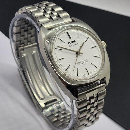 Vintage Original HMT Kohinoor Hand Winding 17 Jewels White Face Silver Bracelet Men's Wrist Watch F10