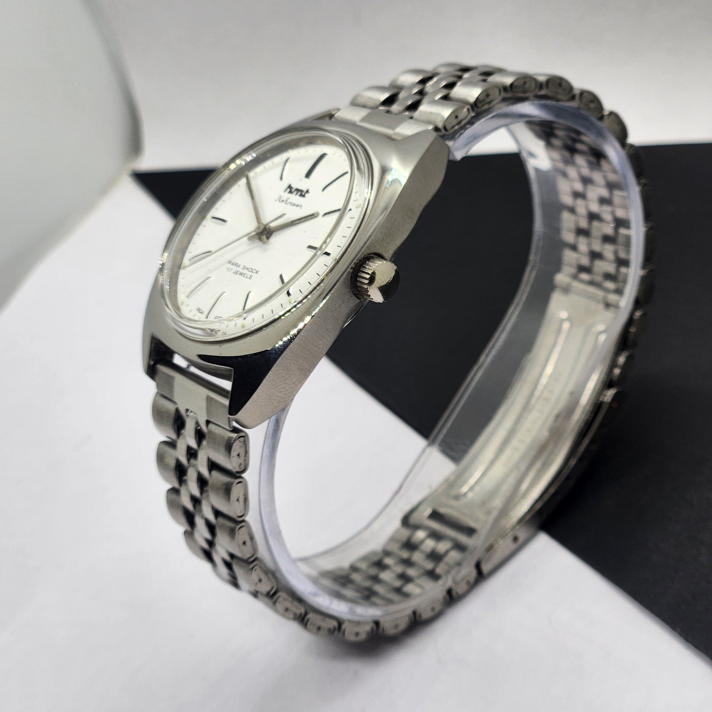 Vintage Original HMT Kohinoor Hand Winding 17 Jewels White Face Silver Bracelet Men's Wrist Watch F10