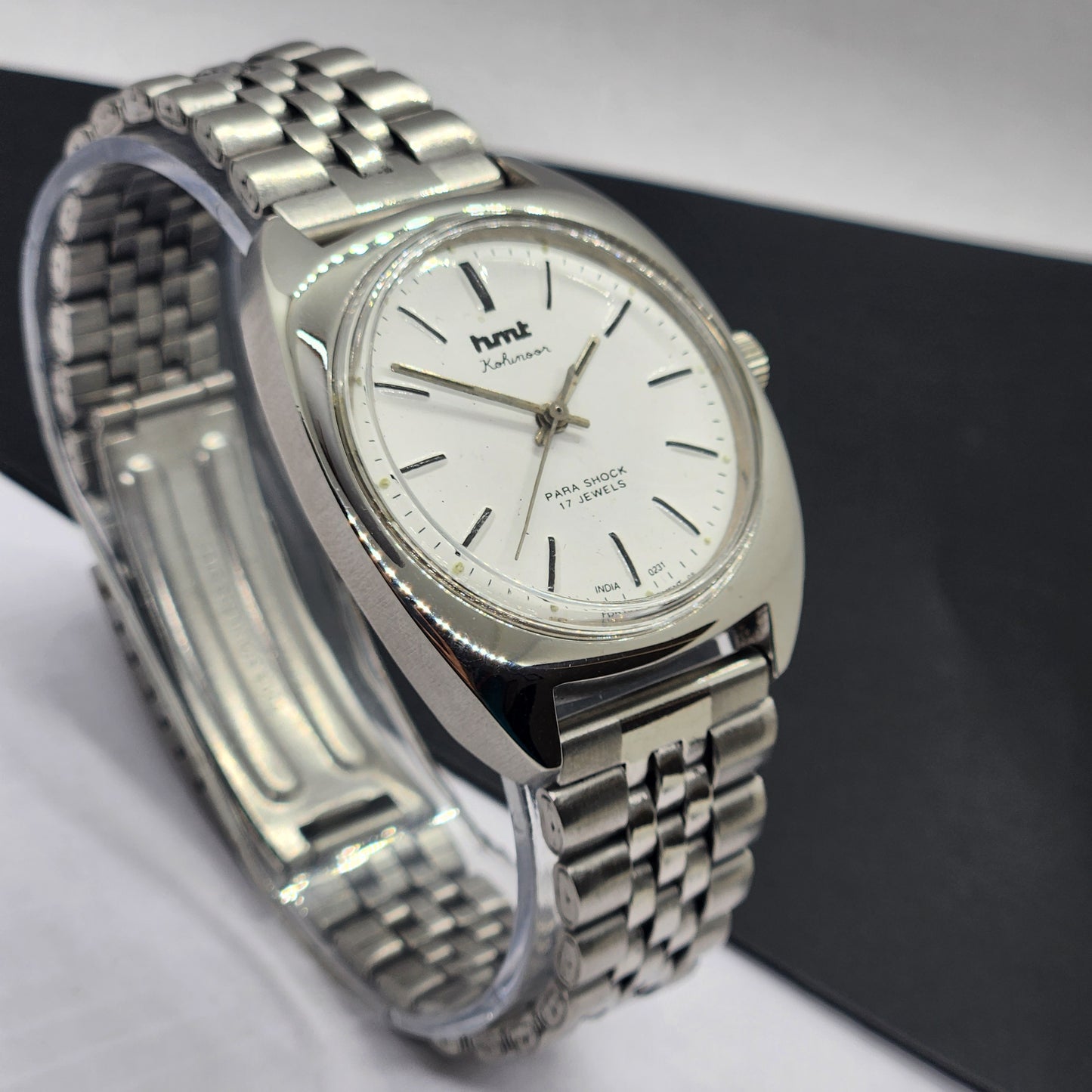 Vintage Original HMT Kohinoor Hand Winding 17 Jewels White Face Silver Bracelet Men's Wrist Watch F10