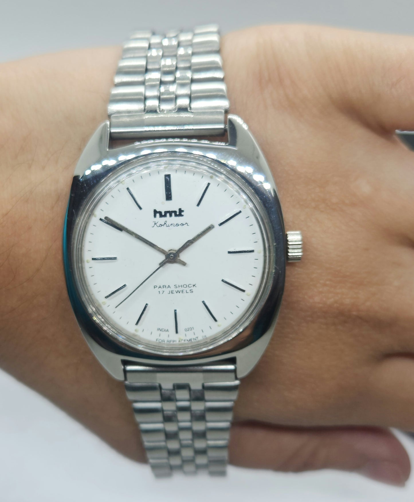 Vintage Original HMT Kohinoor Hand Winding 17 Jewels White Face Silver Bracelet Men's Wrist Watch F10