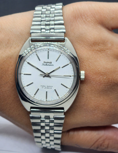 Vintage Original HMT Kohinoor Hand Winding 17 Jewels White Face Silver Jubilee Bracelet Men's Wrist Watch F13