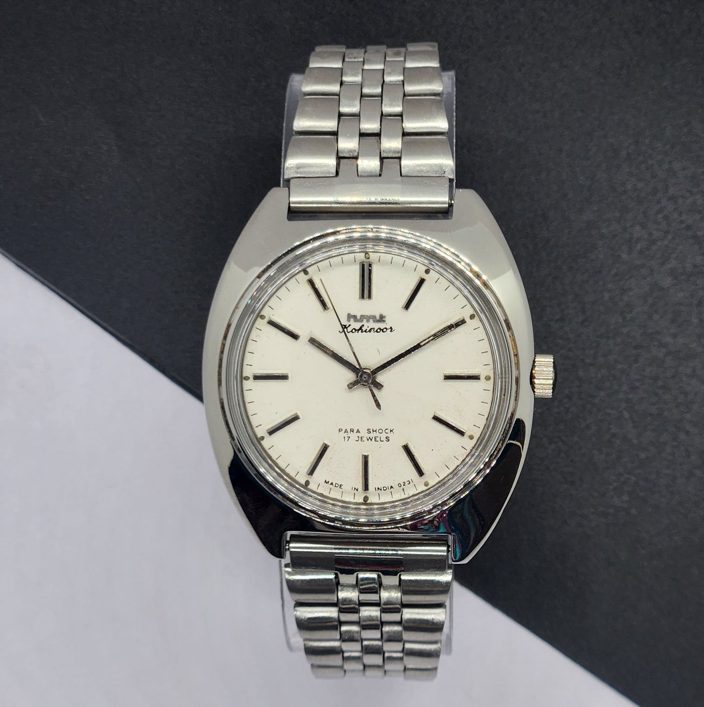 Vintage Original HMT Kohinoor Hand Winding 17 Jewels White Face Silver Bracelet Men's Wrist Watch F14