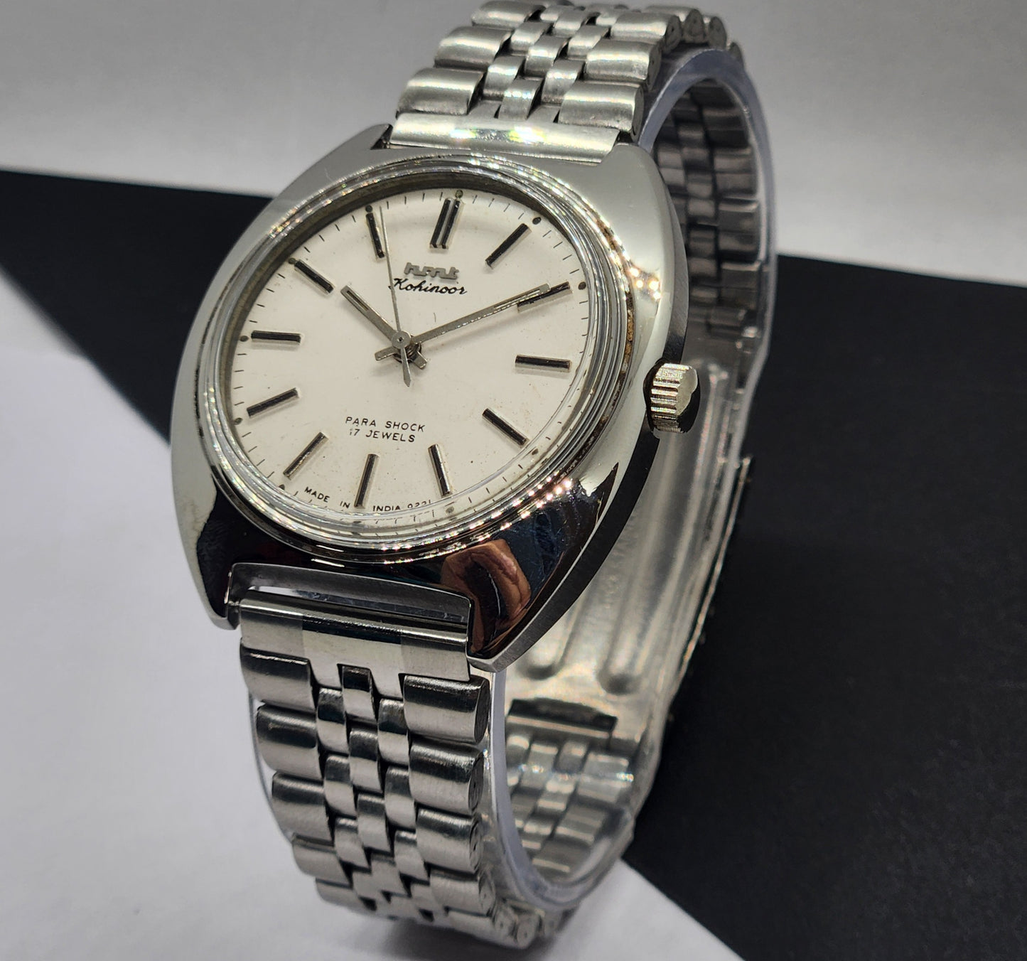 Vintage Original HMT Kohinoor Hand Winding 17 Jewels White Face Silver Bracelet Men's Wrist Watch F14