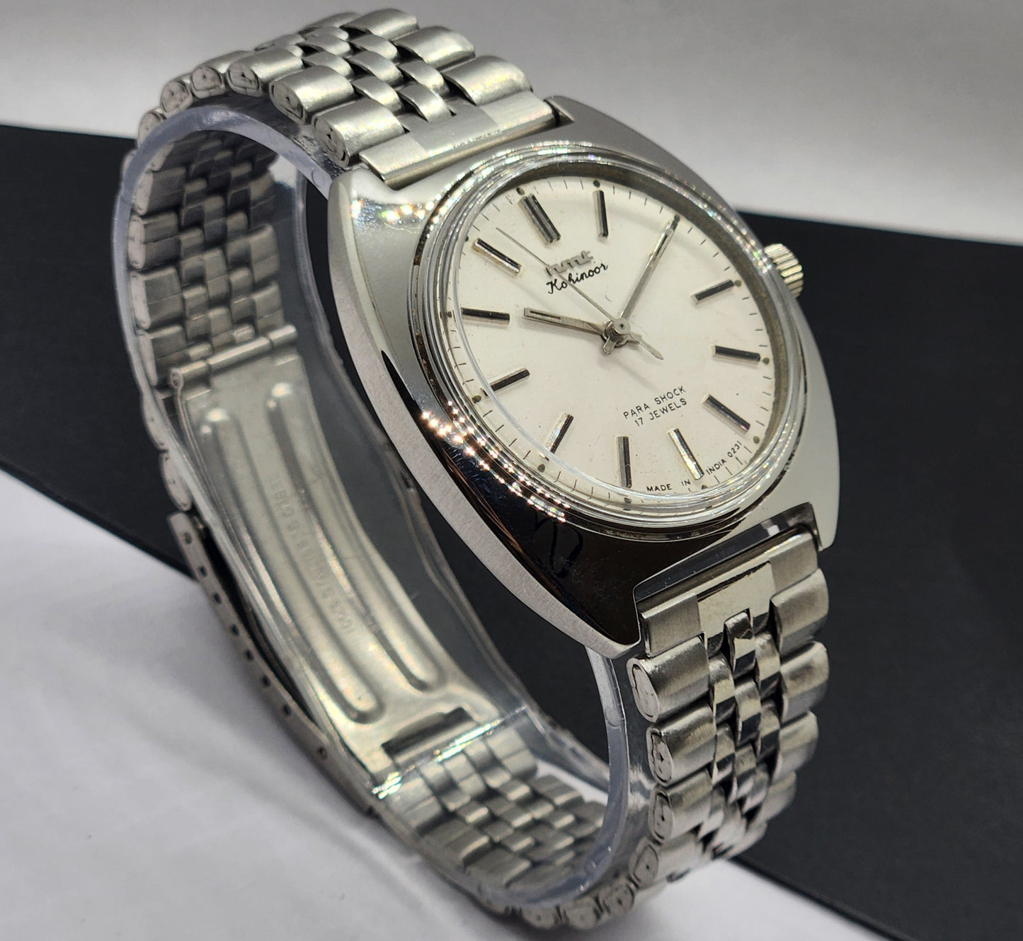 Vintage Original HMT Kohinoor Hand Winding 17 Jewels White Face Silver Bracelet Men's Wrist Watch F14