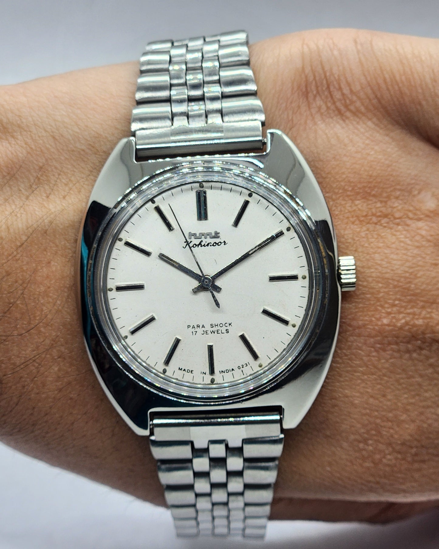 Vintage Original HMT Kohinoor Hand Winding 17 Jewels White Face Silver Bracelet Men's Wrist Watch F14