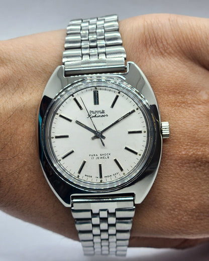 Vintage Original HMT Kohinoor Hand Winding 17 Jewels White Face Silver Bracelet Men's Wrist Watch F14