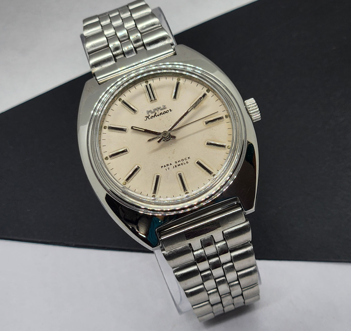 Vintage Original HMT Kohinoor Hand Winding 17 Jewels White Face Silver Bracelet Men's Wrist Watch F18