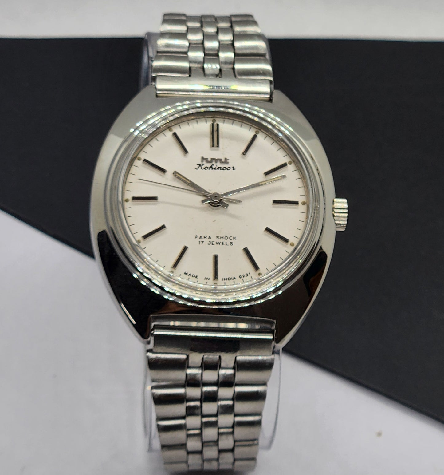 Vintage Original HMT Kohinoor Hand Winding 17 Jewels White Face Silver Bracelet Men's Wrist Watch F19