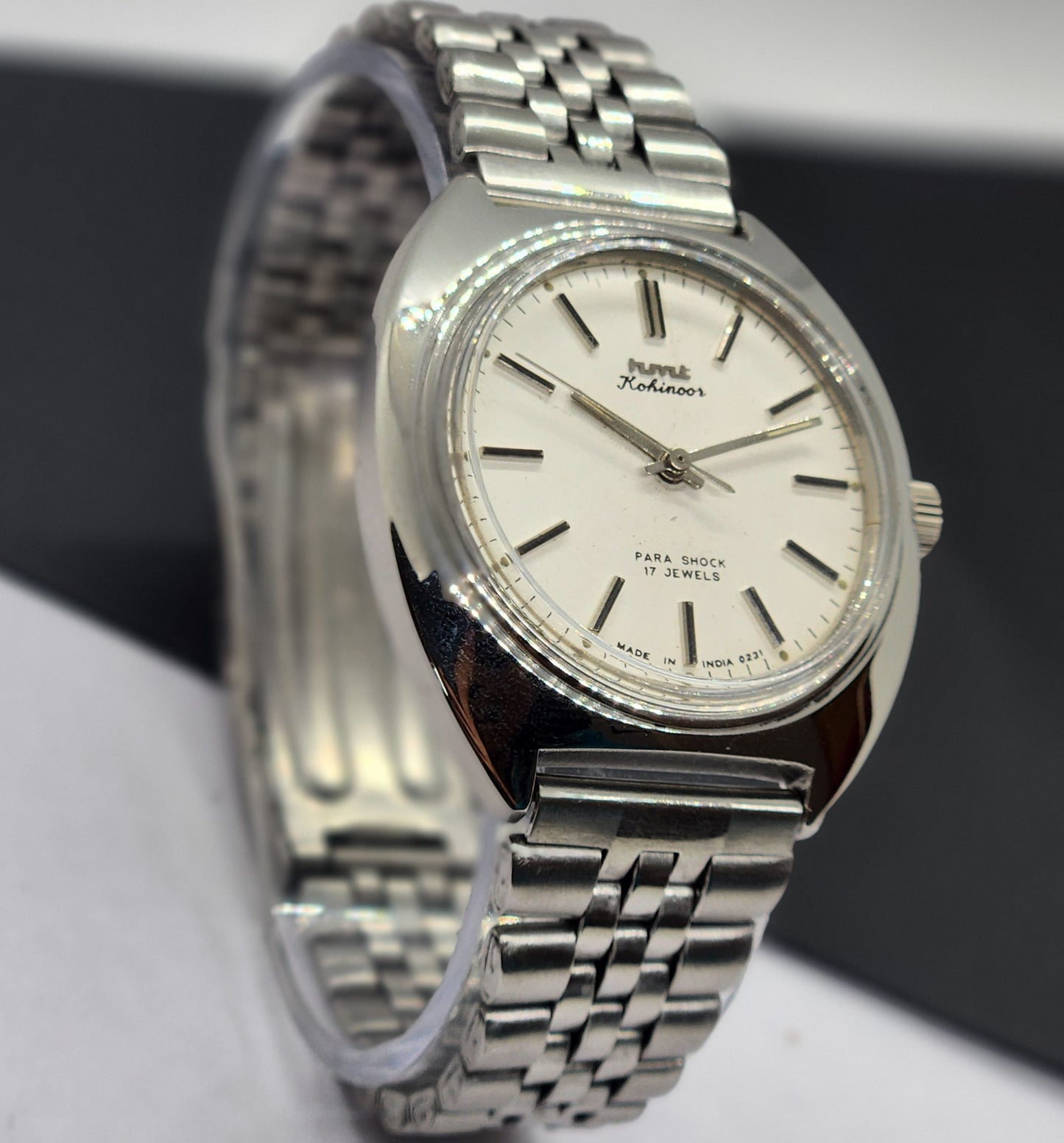Vintage Original HMT Kohinoor Hand Winding 17 Jewels White Face Silver Bracelet Men's Wrist Watch F19