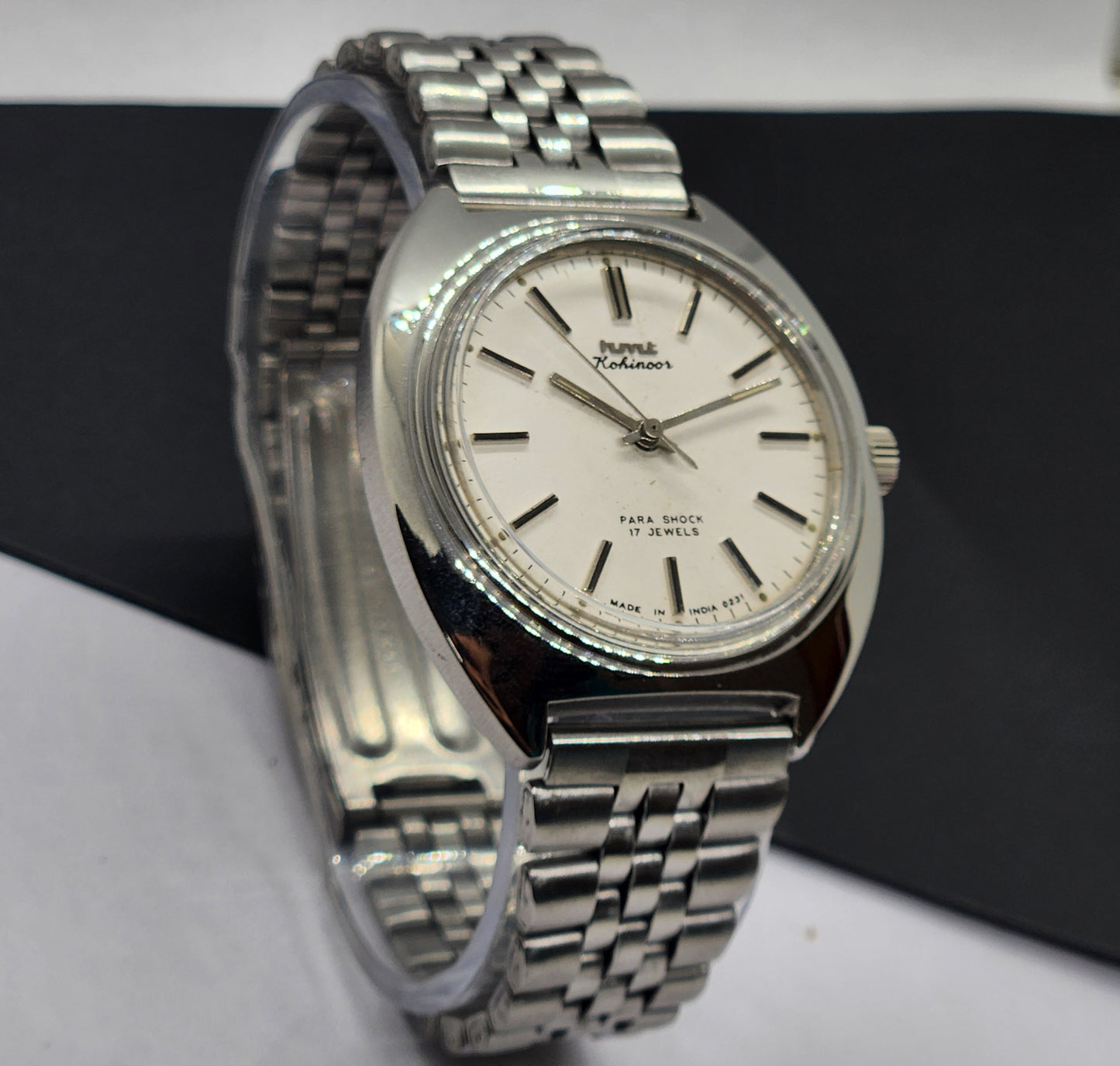 Vintage Original HMT Kohinoor Hand Winding 17 Jewels White Face Silver Bracelet Men's Wrist Watch F19