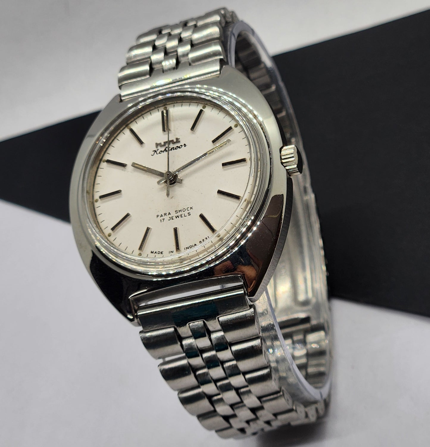 Vintage Original HMT Kohinoor Hand Winding 17 Jewels White Face Silver Bracelet Men's Wrist Watch F19