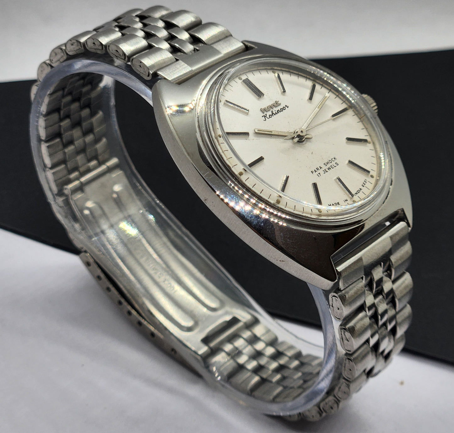 Vintage Original HMT Kohinoor Hand Winding 17 Jewels White Face Silver Bracelet Men's Wrist Watch F19