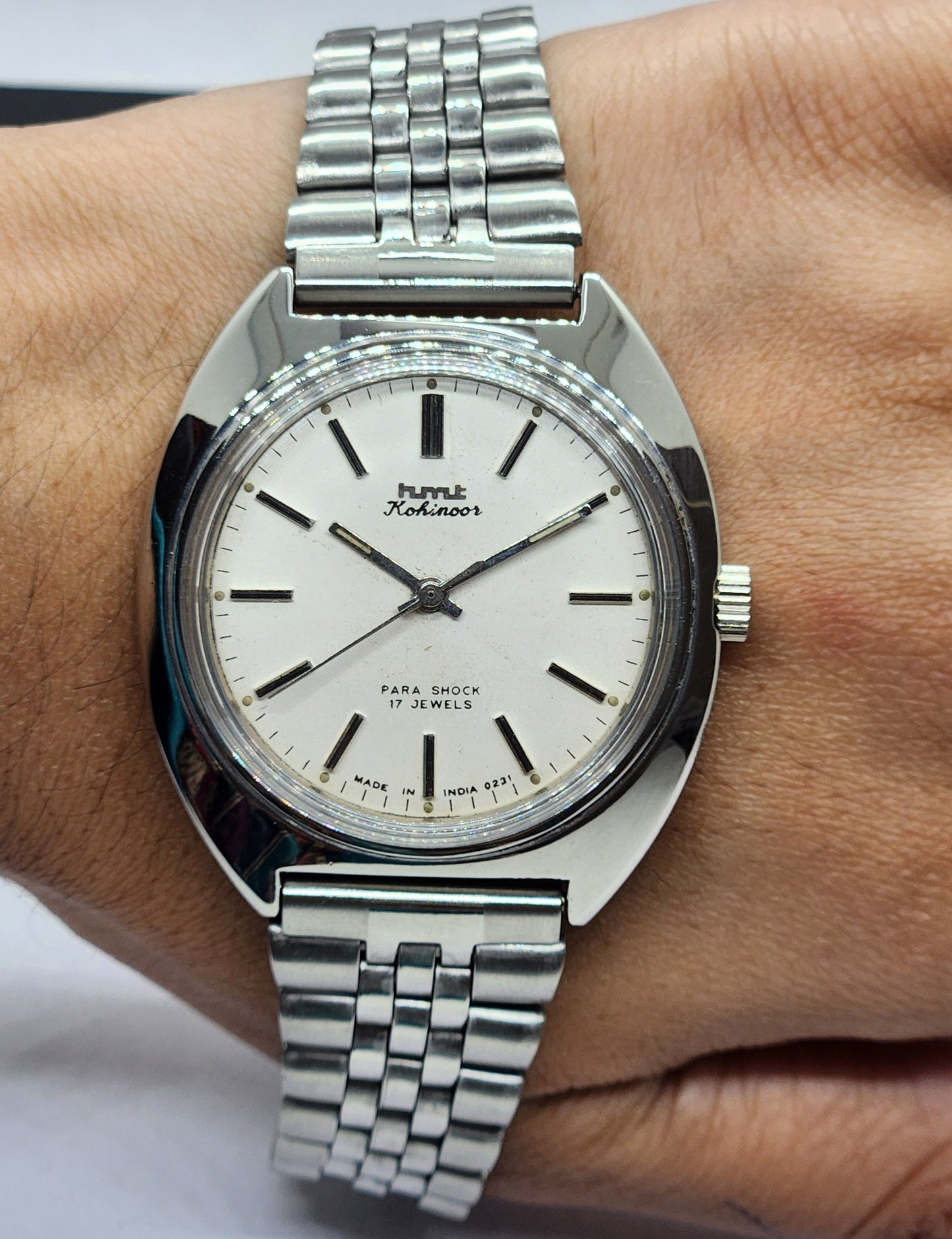 Vintage Original HMT Kohinoor Hand Winding 17 Jewels White Face Silver Bracelet Men's Wrist Watch F19