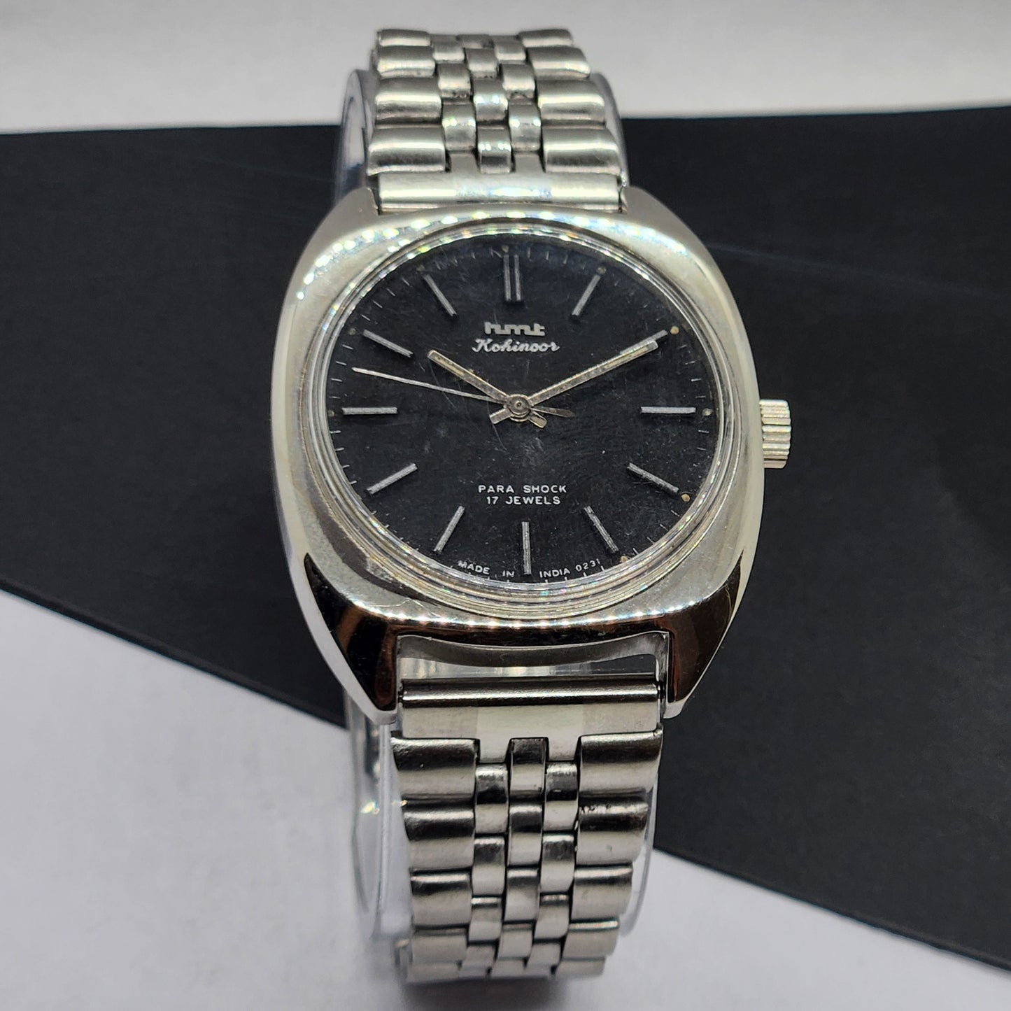 Vintage Original HMT Kohinoor Hand Winding 17 Jewels Black Face Silver Bracelet Men's Wrist Watch F20