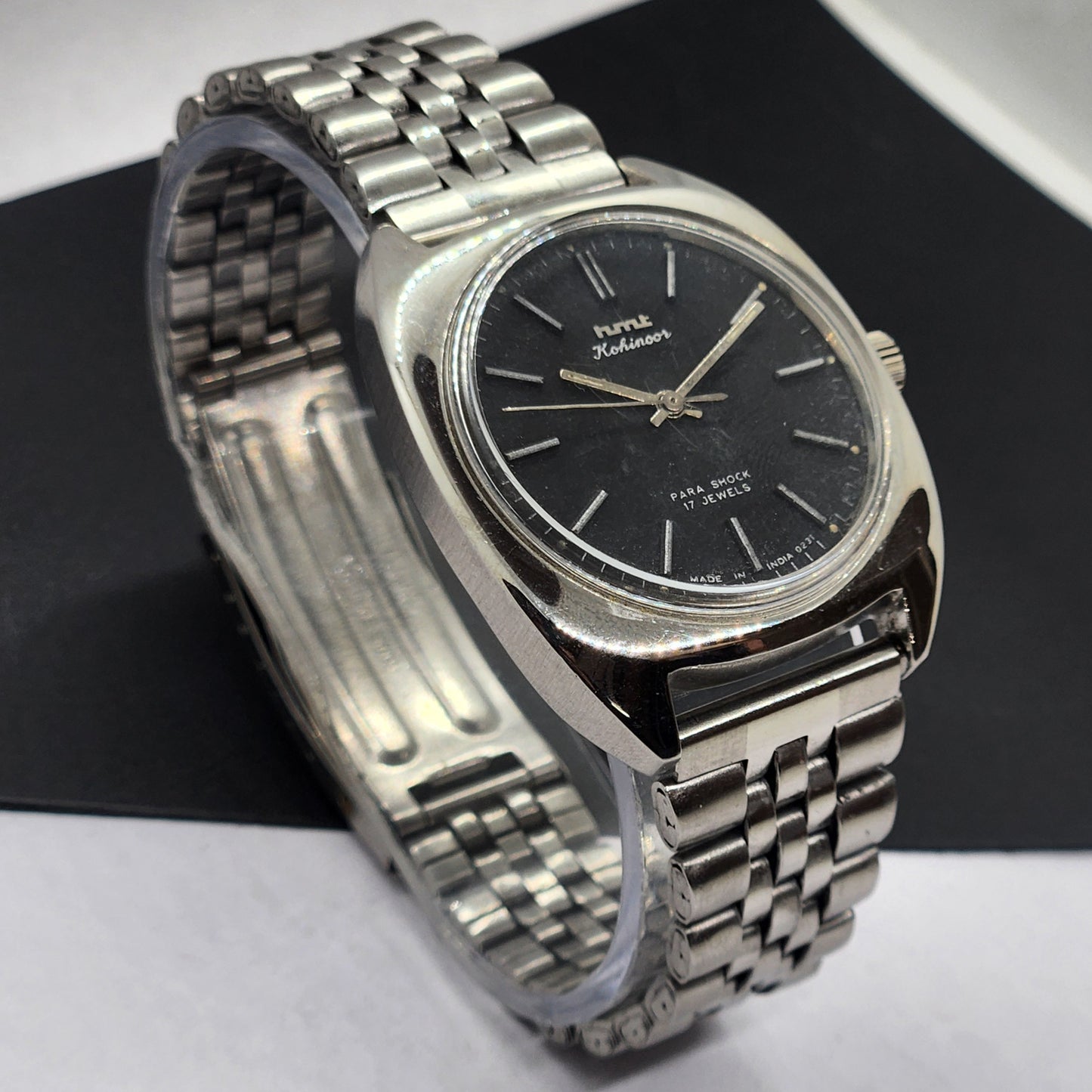 Vintage Original HMT Kohinoor Hand Winding 17 Jewels Black Face Silver Bracelet Men's Wrist Watch F20