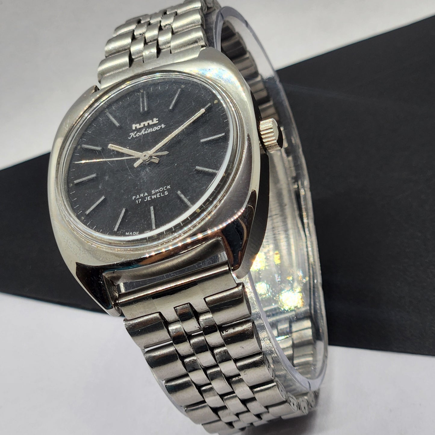 Vintage Original HMT Kohinoor Hand Winding 17 Jewels Black Face Silver Bracelet Men's Wrist Watch F20