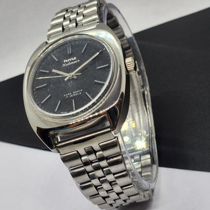 Vintage Original HMT Kohinoor Hand Winding 17 Jewels Black Face Silver Bracelet Men's Wrist Watch F20