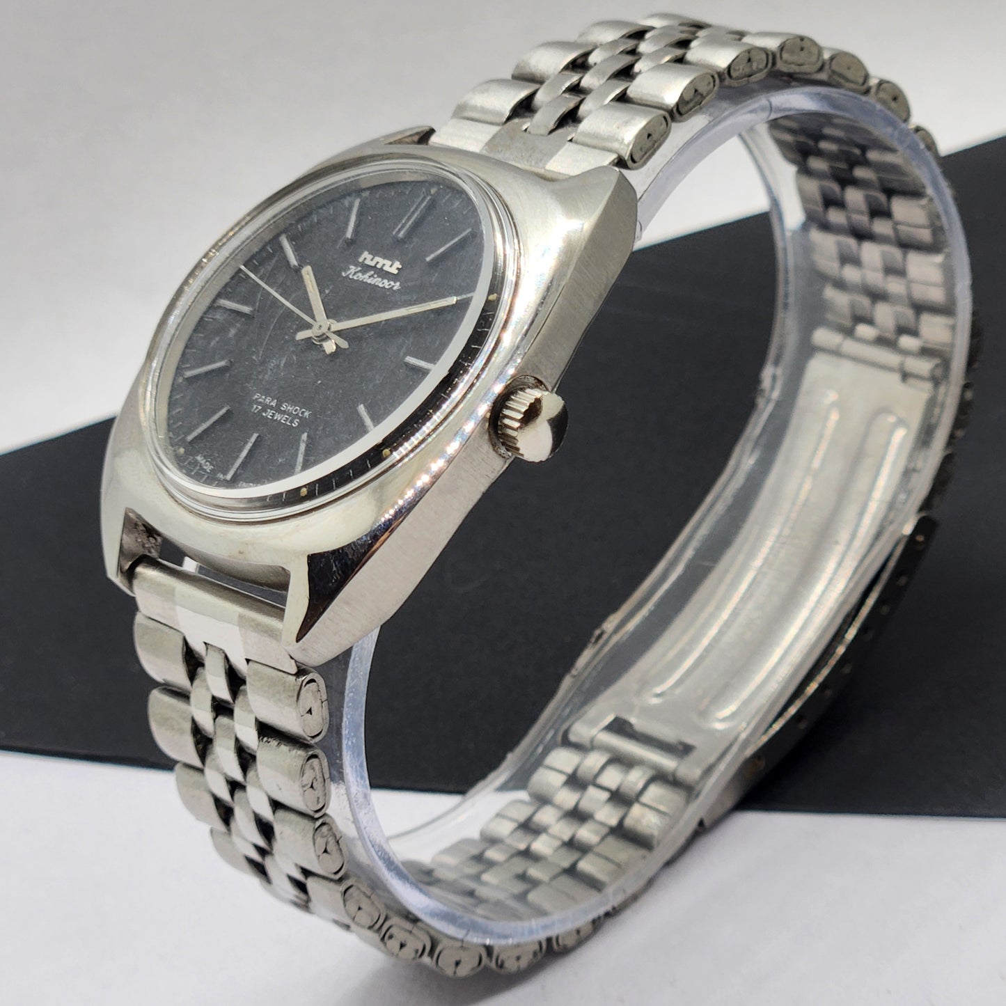 Vintage Original HMT Kohinoor Hand Winding 17 Jewels Black Face Silver Bracelet Men's Wrist Watch F20