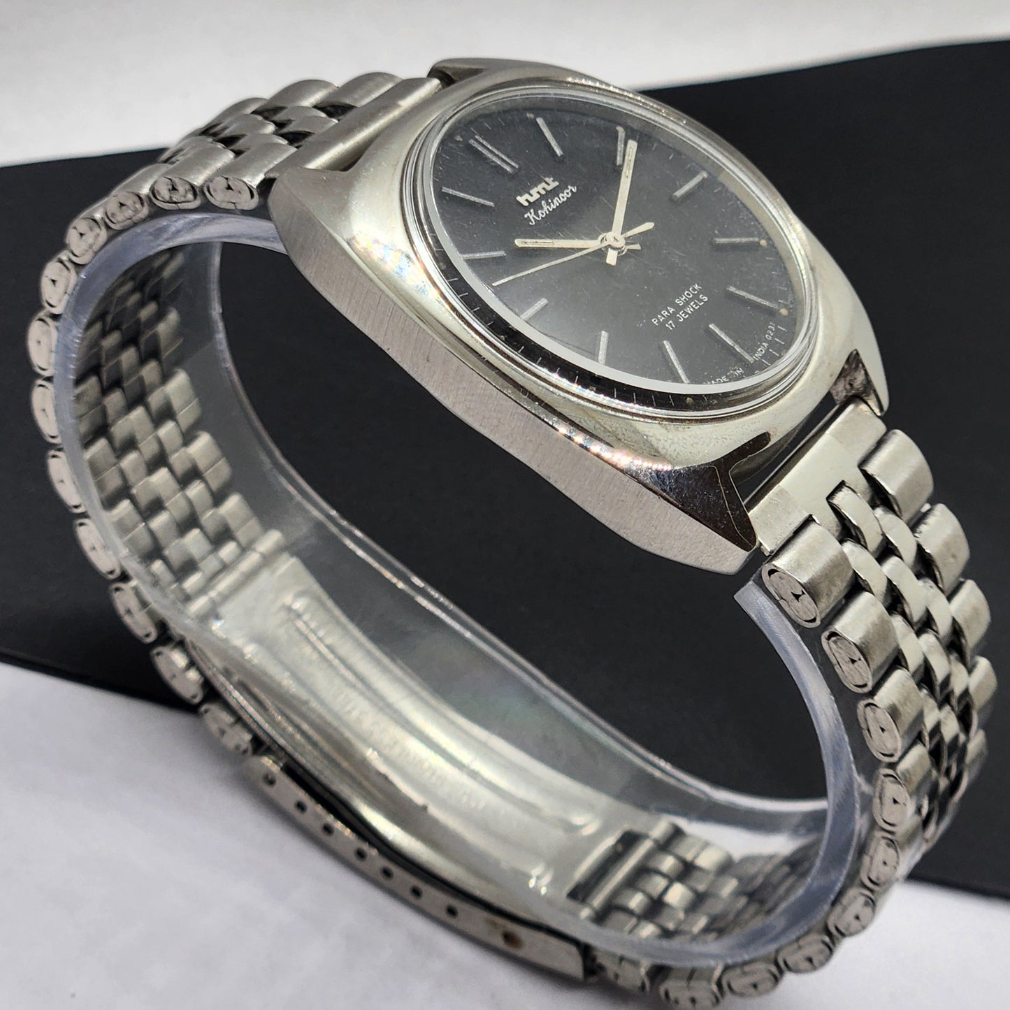 Vintage Original HMT Kohinoor Hand Winding 17 Jewels Black Face Silver Bracelet Men's Wrist Watch F20