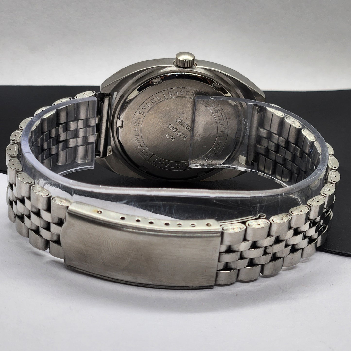 Vintage Original HMT Kohinoor Hand Winding 17 Jewels Black Face Silver Bracelet Men's Wrist Watch F20