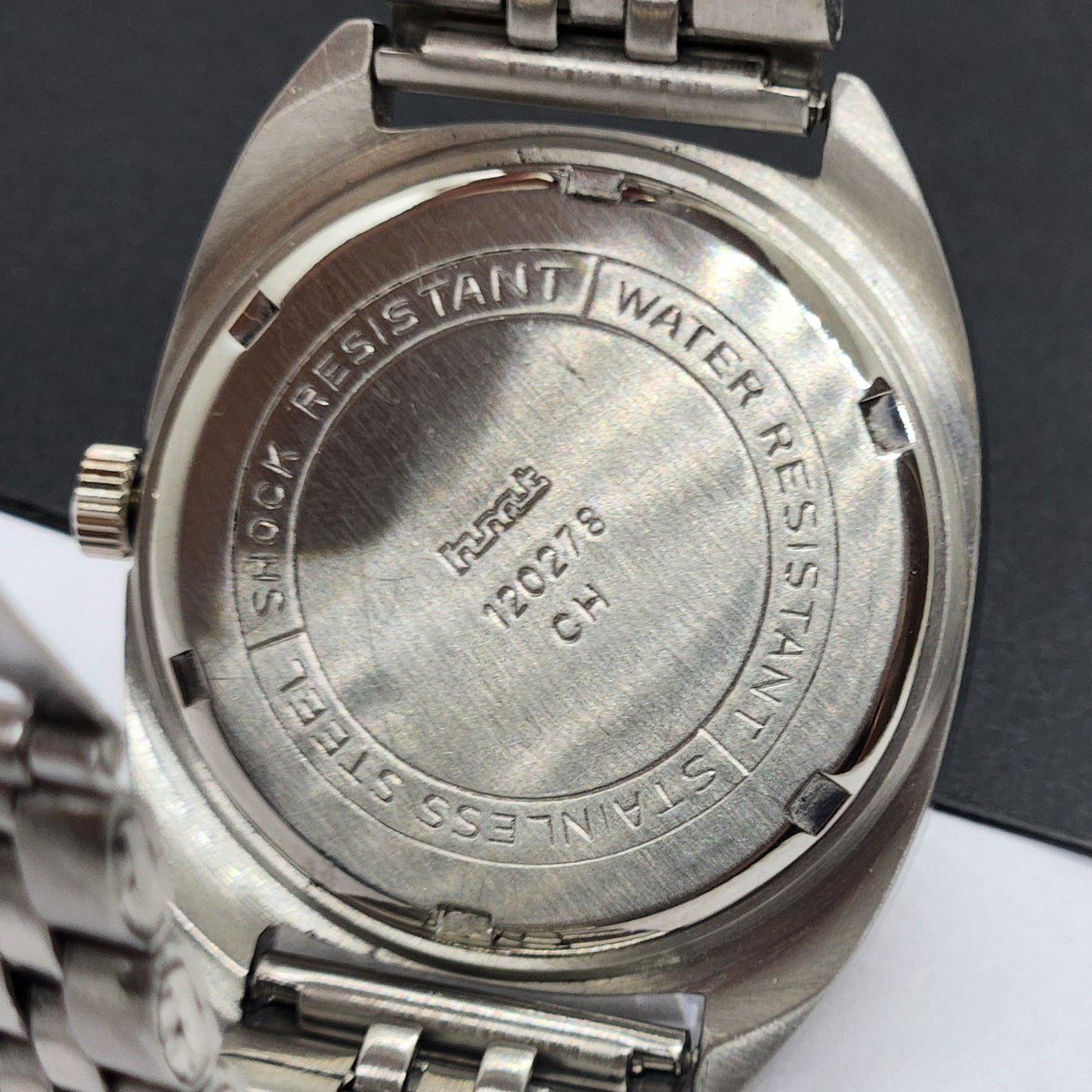 Vintage Original HMT Kohinoor Hand Winding 17 Jewels Black Face Silver Bracelet Men's Wrist Watch F20