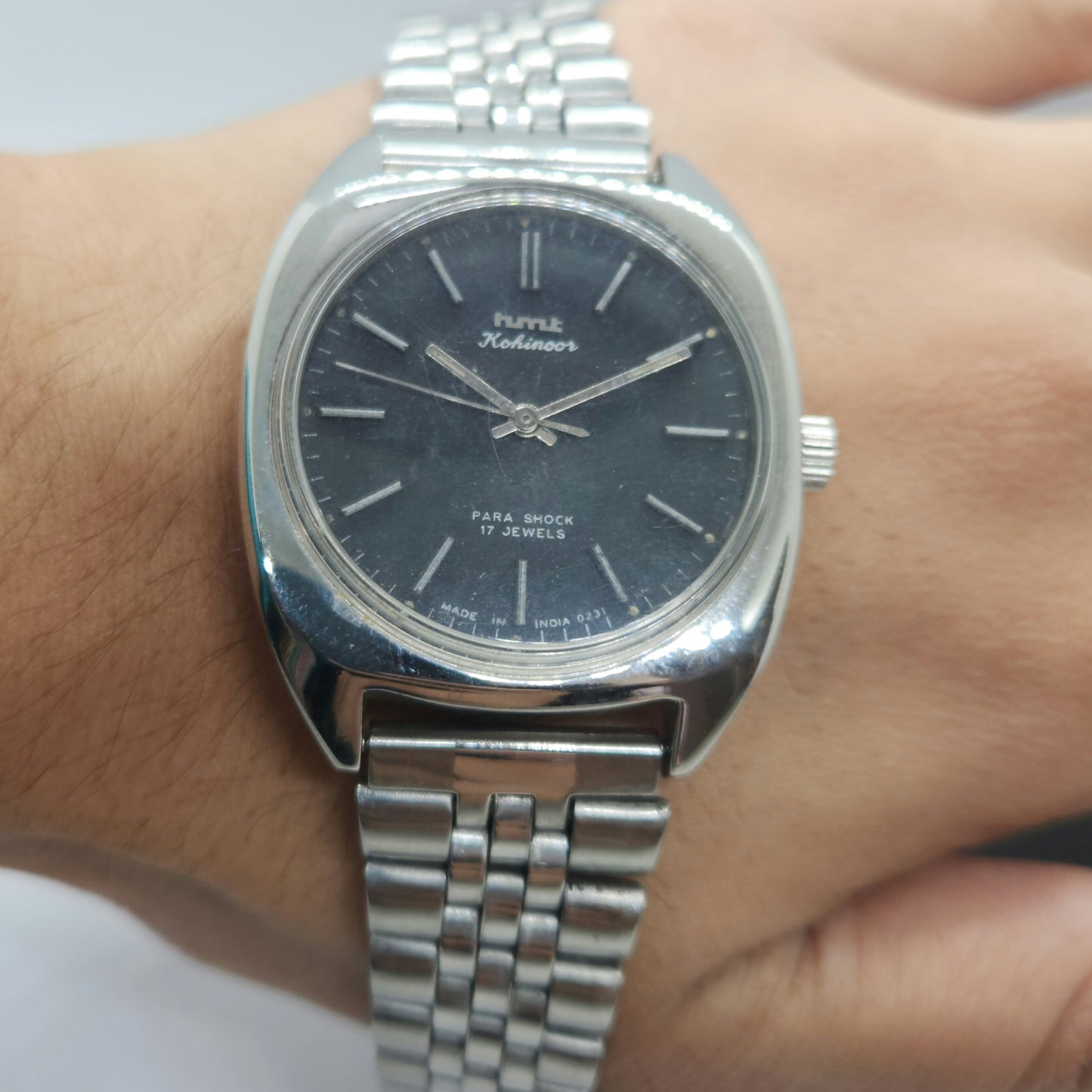 Vintage Original HMT Kohinoor Hand Winding 17 Jewels Black Face Silver Bracelet Men's Wrist Watch F20