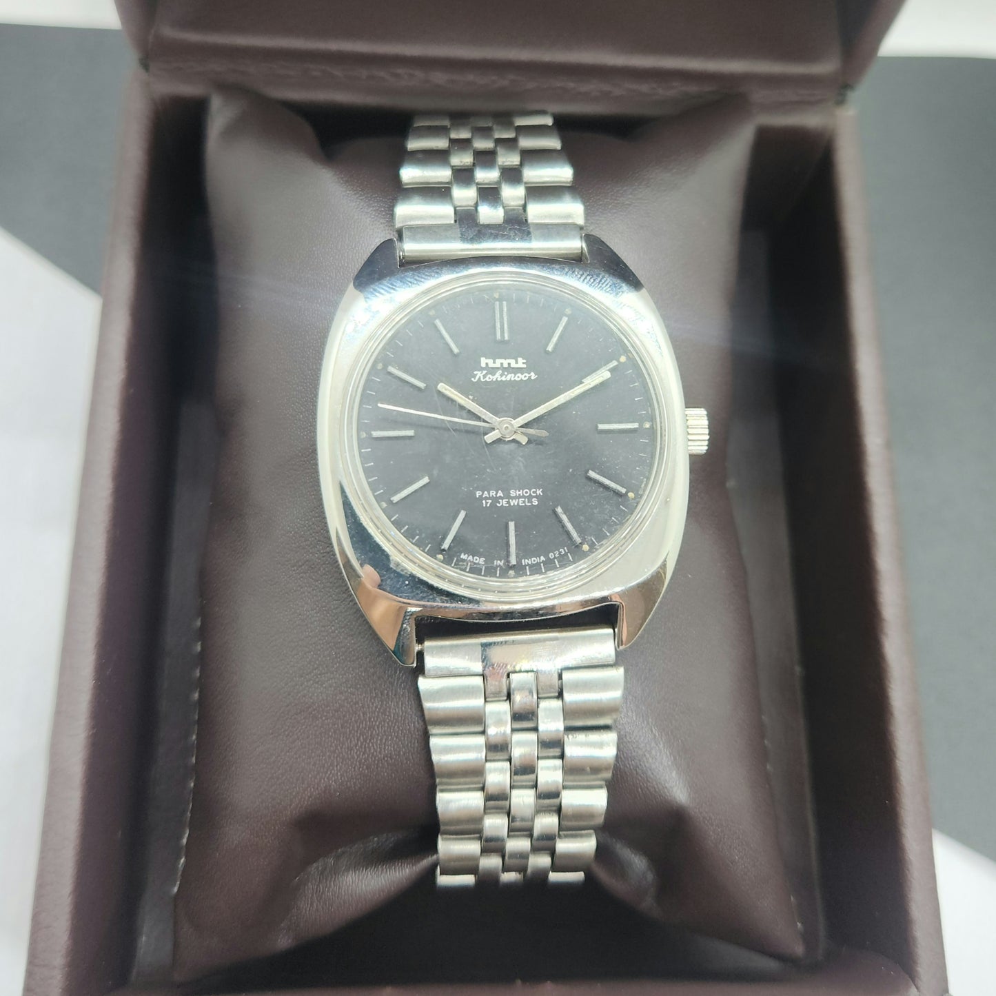 Vintage Original HMT Kohinoor Hand Winding 17 Jewels Black Face Silver Bracelet Men's Wrist Watch F20
