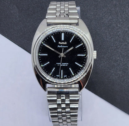 Vintage Original HMT Kohinoor Hand Winding 17 Jewels Black Face Silver Bracelet Men's Wrist Watch F21