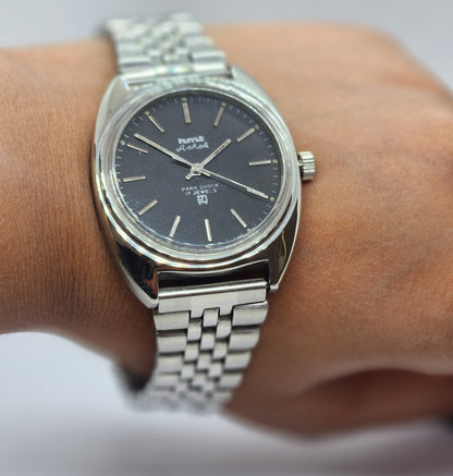 Vintage Original HMT Ashok Hand Winding 17 Jewels Black Face Silver Bracelet Men's Wrist Watch F22