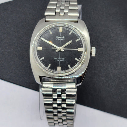Vintage Original HMT Vijay Hand Winding 17 Jewels Black Face Silver Bracelet Men's Wrist Watch F23