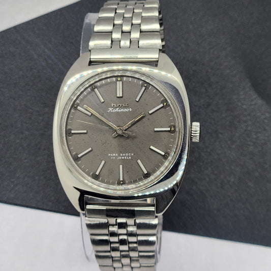 Vintage Original HMT Kohinoor Hand Winding 17 Jewels Gray Face Silver Bracelet Men's Wrist Watch F26