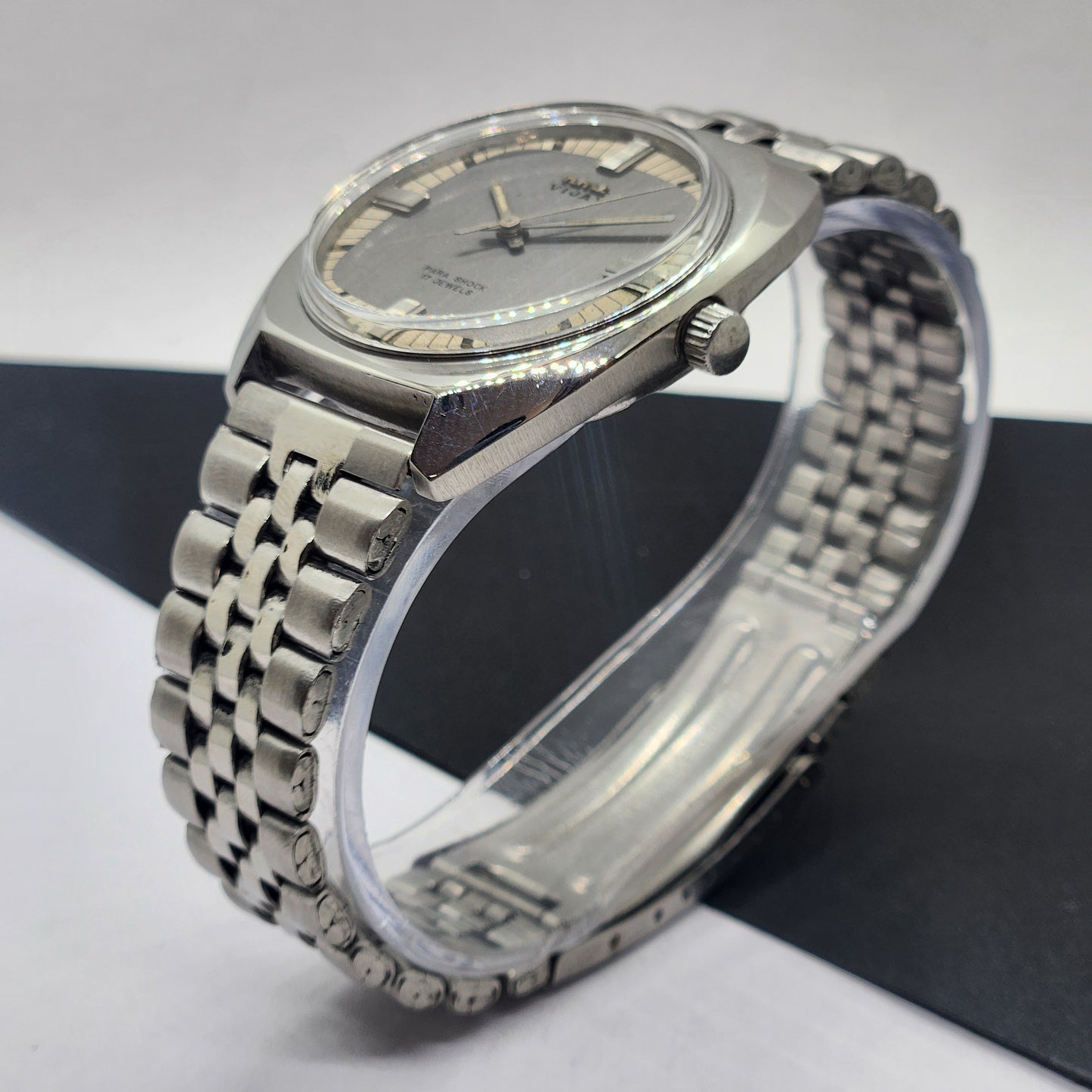 Vintage Original HMT Vijay Hand Winding 17 Jewels Gray Face Silver Bracelet Men's Wrist Watch F27