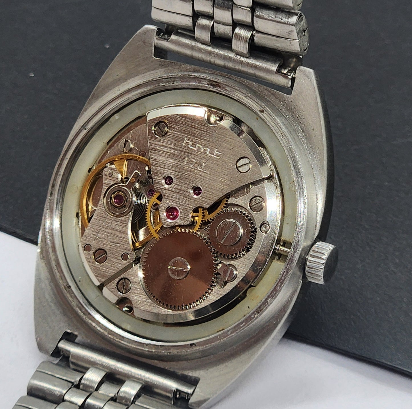 Vintage Original HMT Vijay Hand Winding 17 Jewels Gray Face Silver Bracelet Men's Wrist Watch F27