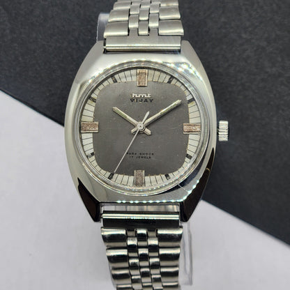 Vintage Original HMT Vijay Hand Winding 17 Jewels Gray Face Silver Bracelet Men's Wrist Watch F28